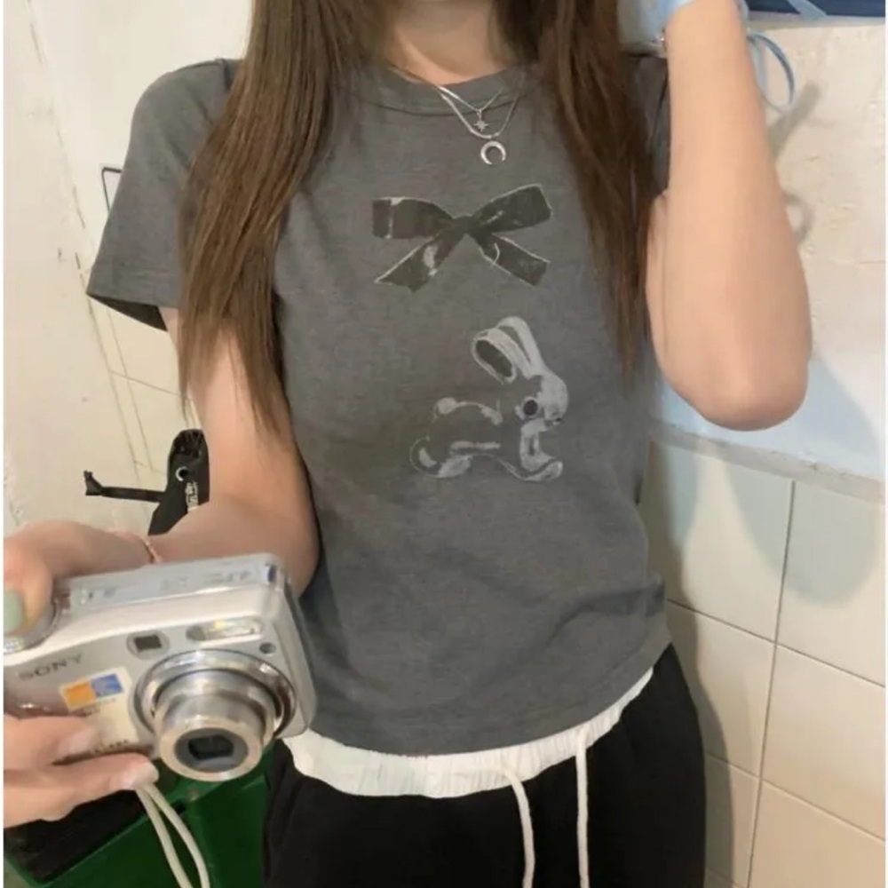 Y2k coquette bunny print crop top short sleeve baby tee